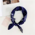 Detail of dark blue silk square scarf featuring elegant white stars and dot prints for women. - Starry Sky