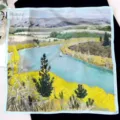 Detailed view of luxury style landscape printed silk square scarf, exquisite fine texture fabric. - Oil Painting Rhine River