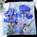Luxurious 100% silk square scarf featuring vibrant blue iris oil painting design for women. - Irises Oil Painting