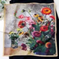 Oil painting floral print silk square scarf women elegant decorative neckerchief accessory - Oil Painting Vase - Khaki Border