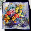 Silk square scarf featuring a vibrant oil painting floral still life art print design elegant. - Oil Painting Vase - Deep Purple Border