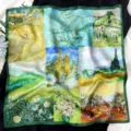 Detailed view of the 55cm silk square scarf featuring classic Van Gogh oil painting prints. - Oil Painting Landscape Patchwork