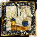 Pure mulberry silk small square scarf, retro oil painting floral art design, elegant neckerchief. - Oil Painting Classical Vase