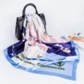 Exquisite 90cm satin silk scarf featuring elegant floral and bamboo prints for women. - D9025-Blue