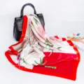Elegant 90cm satin silk scarf with vibrant floral and bamboo print for women. Perfect accessory. - D9025-Red