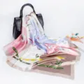 Elegant 90cm satin silk scarf with floral and bamboo print, perfect women's fashion accessory. - D9025-Khaki