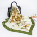 Elegant 90cm square silk scarf with floral print and green border, women satin neckerchief. - D9029-Green