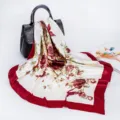 Detailed view of a 90cm satin silk square scarf featuring vintage rose floral print and red border. - D9029-Wine Red