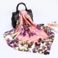 Elegant 90cm pink floral satin silk scarf for women, featuring stylish English letter prints. - D9028-Pink