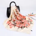 Elegant 90cm satin silk scarf for women, featuring a stunning floral print and chic beige design. - D9022-Beige Apricot
