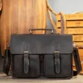 Vintage brown leather briefcase for men, classic messenger bag with dual front pockets. - Model 9033 / Dark Coffee
