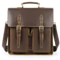 Vintage brown leather briefcase for men, stylish messenger bag with dual buckle front pockets. - Model 8332 / Coffee