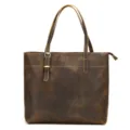 Men's vintage crazy horse leather tote bag, dark brown casual business shoulder bag. - Model 8010 (Horizontal) / Coffee