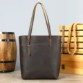 Men's vintage crazy horse leather tote bag, casual business shoulder bag in dark brown. - Model 8010 (Vertical) / Coffee