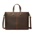 Men's brown crazy horse leather briefcase, vintage business handbag with shoulder strap. - Model 1123 / Coffee