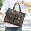 Men's vintage crazy horse leather briefcase with double front pockets and sturdy handles. - Model 5119 / Coffee