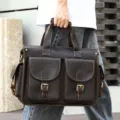 Men's vintage crazy horse leather briefcase business laptop bag with dual front pockets. - Model 5121 / Coffee