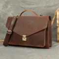 Vintage brown leather mens briefcase messenger bag with handle and adjustable shoulder strap. - Model 5135 / L / Coffee