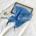Blue paisley print cotton linen triangle headscarf vintage hair bandana with chic bead fringe. - SJJ035-Light Blue
