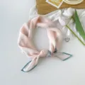 Detailansicht eines eleganten rosa Seidenschals mit blauem Rand und Wolkenmuster. - 浅粉色拼湖蓝色边