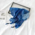 Retro paisley print cotton linen triangular scarf with bead tassels for women, versatile hair band. - SJJ035-Dark Blue