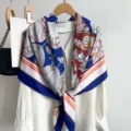 Elegant vintage geometric floral square silk scarf luxury style shawl for women wrap - Blue