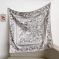 Elegant 90cm bamboo print twill silk square scarf for women, stylish neckerchief accessory. - Grey Frame Ink Bamboo RY-14
