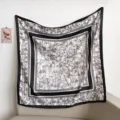 Elegant black and white bamboo print square silk scarf for women, stylish neck or head wrap. - Black Frame Ink Bamboo RY-15