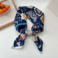 Blue silk square scarf with vintage carriage print, elegant neckerchief for women and girls. - 01 Navy Blue Flower Balloon