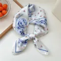 White silk square scarf with blue paisley and red cherry print, chic neckerchief for women. - Blue Cherry Paisley