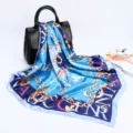 Blue silk scarf 90cm square satin fashion chain print headscarf luxury style shawl gift. - D9020-Lake Blue