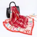 Women's 90cm square silk scarf with elegant chain and letter print satin design. - D9020-Red