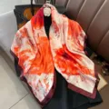 Donna 90cm quadrato sciarpa di seta astratto floreale rosso arancione moda elegante - 23218 Immagine Principale