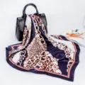 Elegant 90cm square silk scarf with chic leopard and chain print, perfect women fashion accessory. - D9182-Navy Blue
