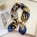 Stylish small square silk scarf with chic leopard and geometric print for women daily wear. - Nine-Grid Zebra Blue Edge