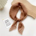 Solid color thin small square scarf in caramel brown, elegant silk feel neckerchief. - Caramel color