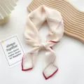 Chic beige silk small square scarf with red plaid pattern and edge, elegant women accessory. - Beige Apricot