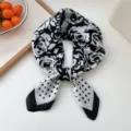 Black and white floral polka dot silk scarf square neckerchief for women spring summer. - Black Floral Frame
