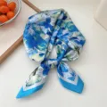 Blue white floral silk square scarf for women chic neckerchief elegant shirt accessory - Blue Floral Print