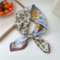Women small silk square scarf 70x70 geometric floral print neckerchief neck scarf accessory - Yellow Floral Grid