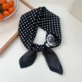 Black and white polka dot square silk scarf with camellia flower design, elegant neckerchief for women. - Black Camellia Polka Dot