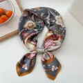 Women retro floral print silk scarf stylish square neckerchief elegant hair band accessory - 04 Grey Flower Balloon