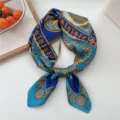 Women vintage baroque print silk square scarf neckerchief hair band for spring autumn 70cm - 05 Deep Blue Circle Foliage