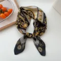 Women silk square scarf baroque style black gold retro neckerchief elegant hair band accessory - 06 Black Circle Foliage