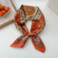 Orange baroque printed silk square scarf, stylish neckerchief hair band for women spring. - 07 Orange Circle Foliage