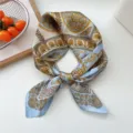 Women baroque silk square scarf blue gold luxury neckerchief elegant hair band accessory - 09 Pale Blue Circle Foliage
