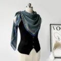 Vintage silk cotton square scarf with retro geometric floral print and blue border. - Cyan Blue Script