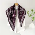 Close up view of dark purple satin square scarf with elegant floral print and lace border. - Bowknot Purple Flower