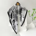 Black white floral satin square scarf, elegant 90cm vintage silk feel shawl for women. - Plain Black Floral