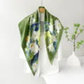 Green Lotus Print Satin Square Scarf 90cm Elegant Silk Feel Women Shawl Variant Display - Green Lotus